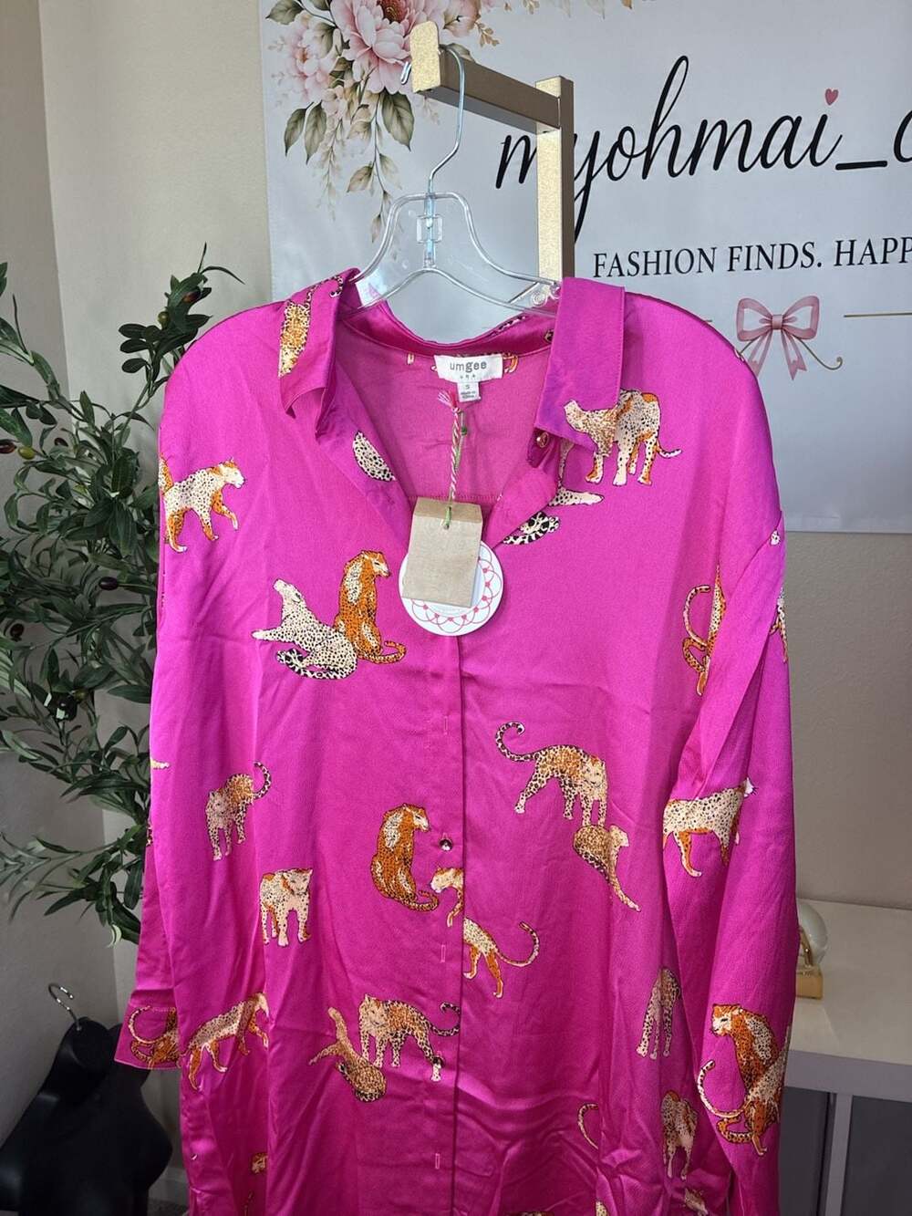 Umgee Satin Cheetah Print Button-Down Midi Shirt Dress in Magenta Pink - Picture 3 of 11